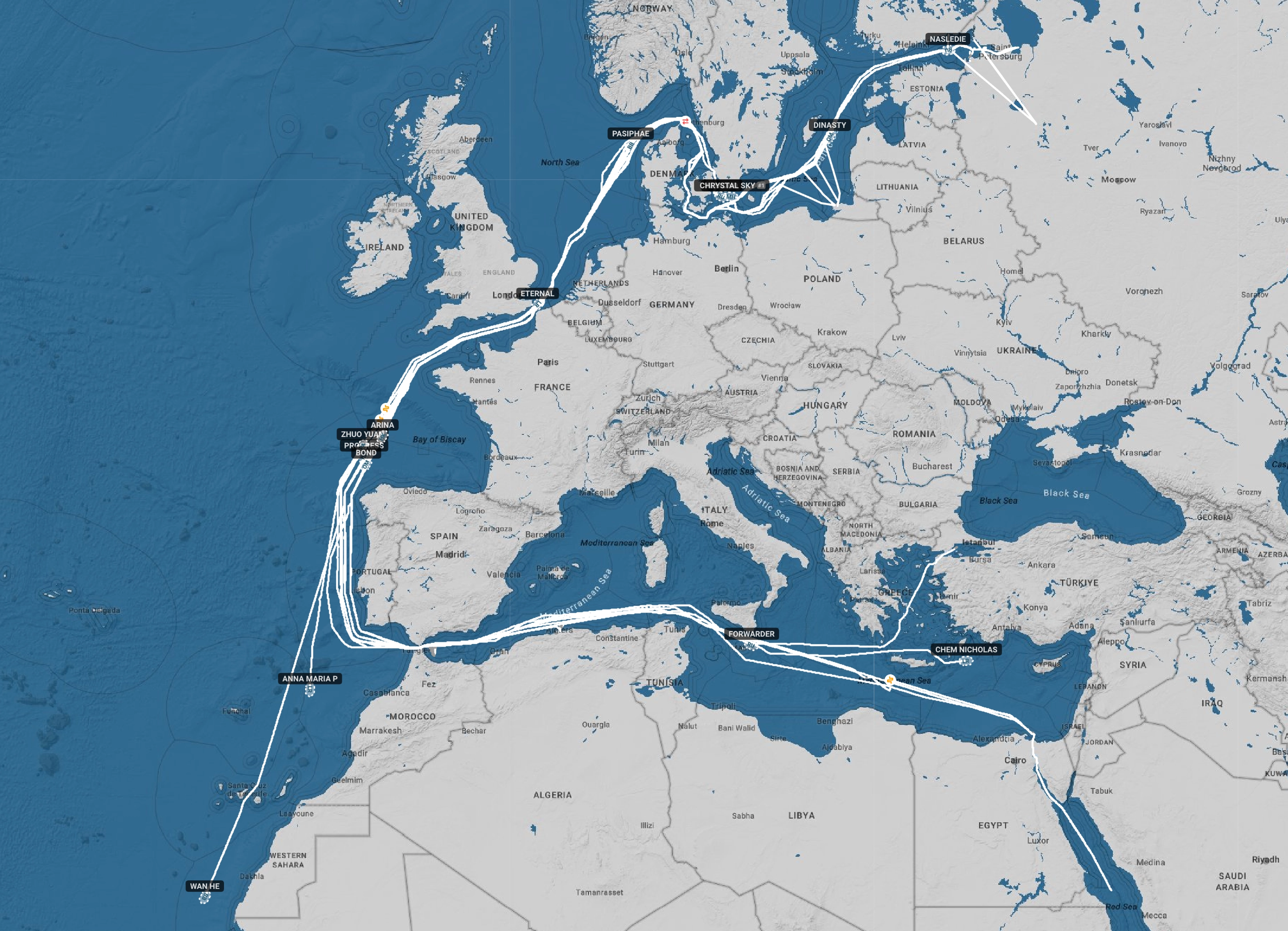 Карта движения судов «теневого флота» через Ла-Манш с 14 по 26 июня 2026 года